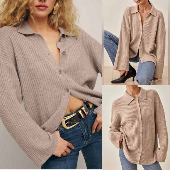 Reformation Fantino Cashmere Collared Cardigan Pullover Sweater Size Large - Picture 2 of 7